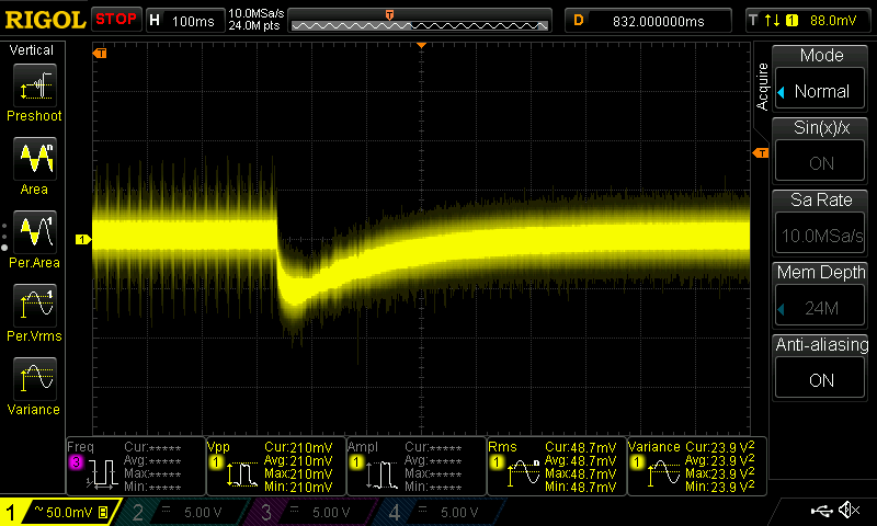 Transient response of the LPD422FM connected to the ZPB30A1 - 20V/0A -> 1A